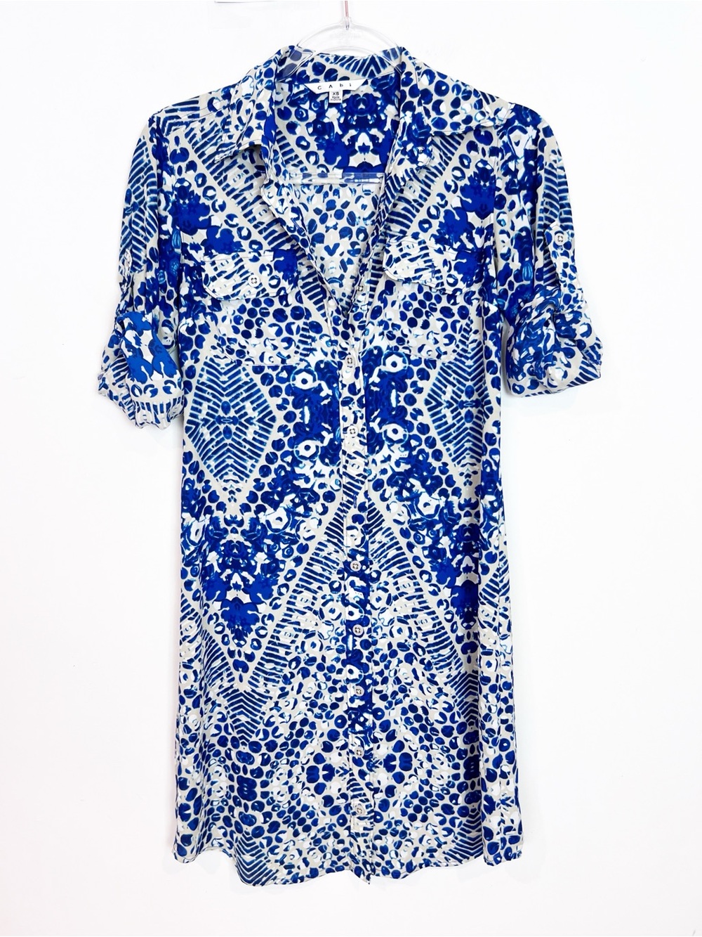 CABI BLUE TAN PRINT JEWEL BUTTON DOWN SHIRT DRESS ROLL TAB SLEEVES STYLE 422 XL